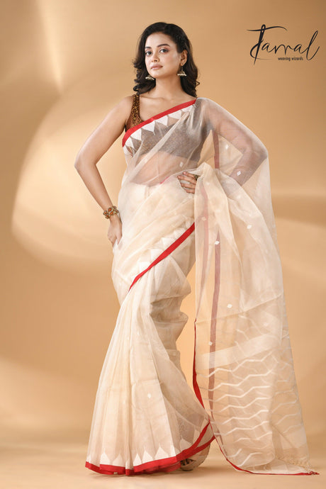 Ivory White Muslin Silk Handwoven Needlework Jamdani Saree Temple Border6