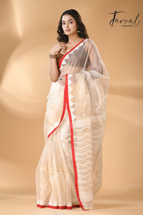 Ivory White Muslin Silk Handwoven Needlework Jamdani Saree Temple Border3