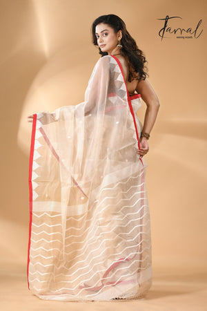 Ivory White Muslin Silk Handwoven Needlework Jamdani Saree Temple Border back