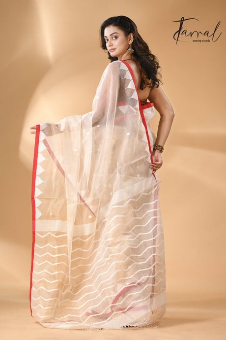 Ivory White Muslin Silk Handwoven Needlework Jamdani Saree Temple Border back