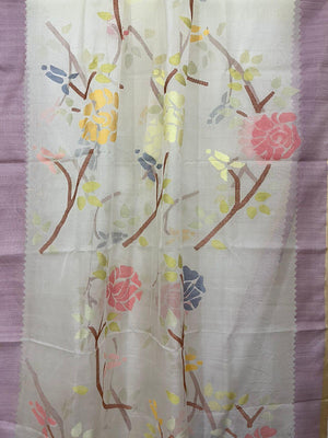 Ivory lavender rose dream muslin silk handwoven jamdani saree - Tamal Boutique
