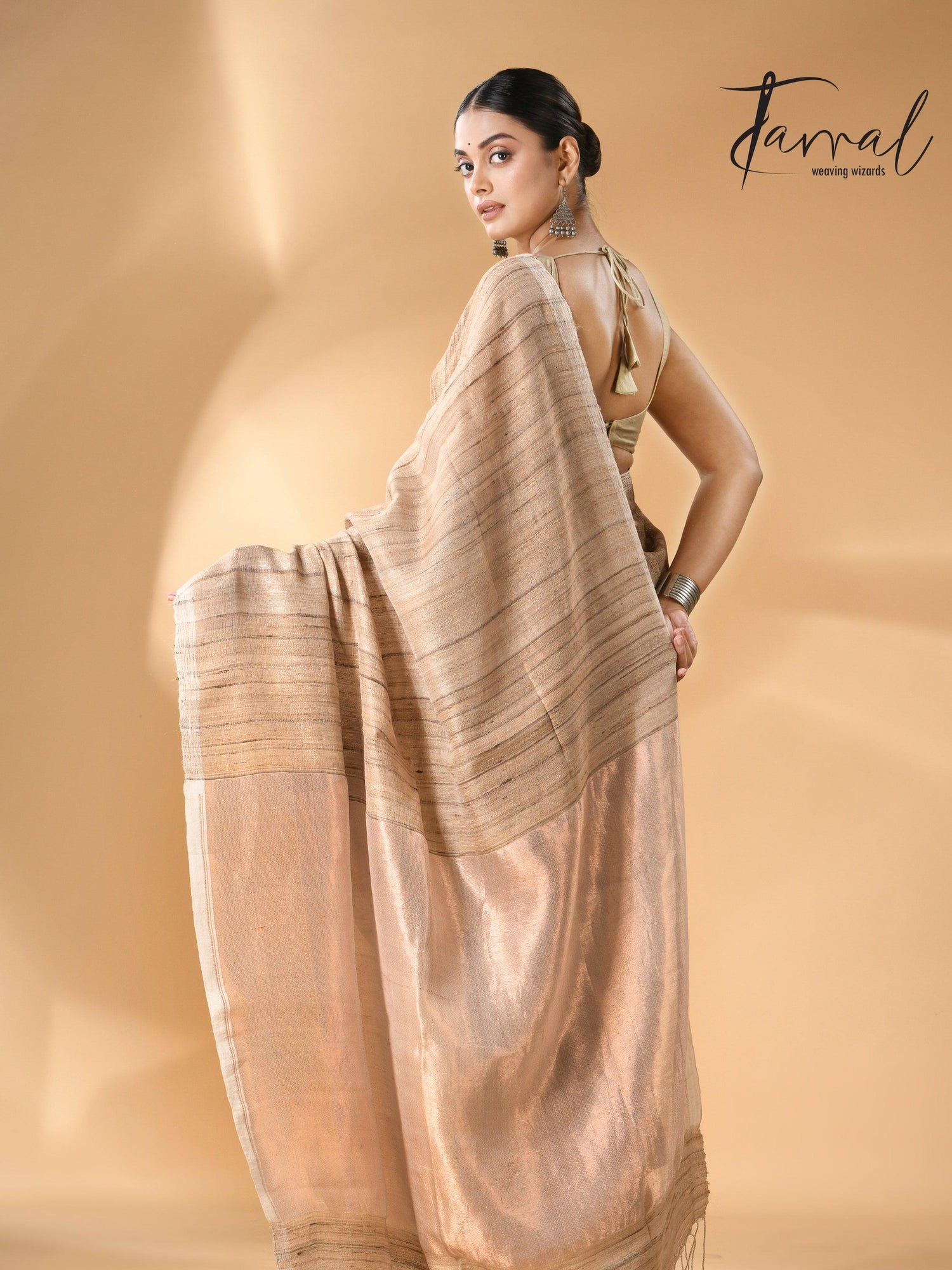 Jute Brown Tussar Ghicha Silk Saree with a beautiful golden palluback