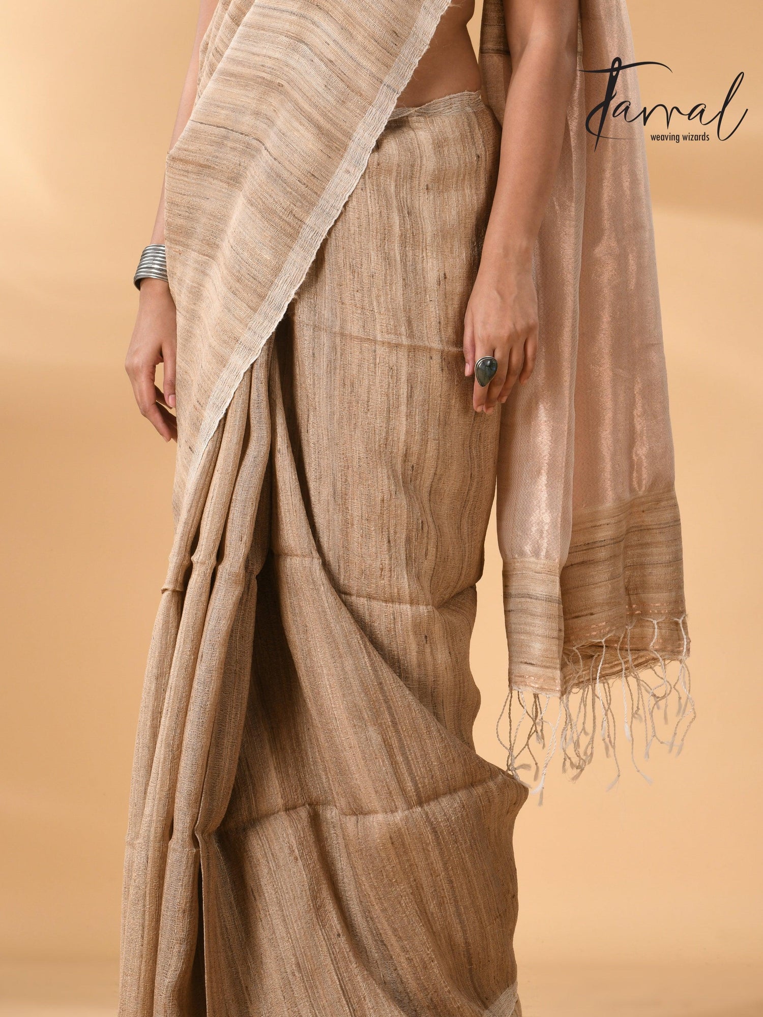 Jute Brown Tussar Ghicha Silk Saree with a beautiful golden pallu bottom