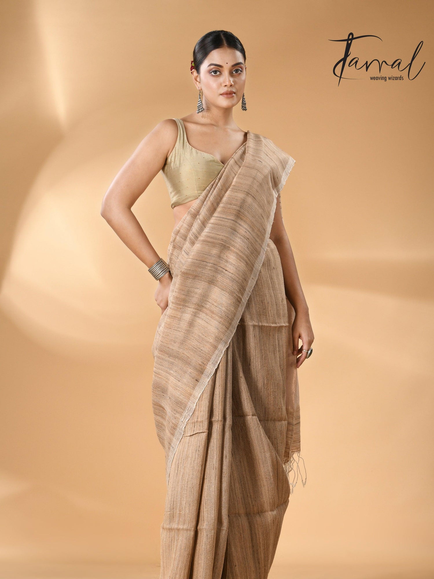 Jute Brown Tussar Ghicha Silk Saree with a beautiful golden pallu full