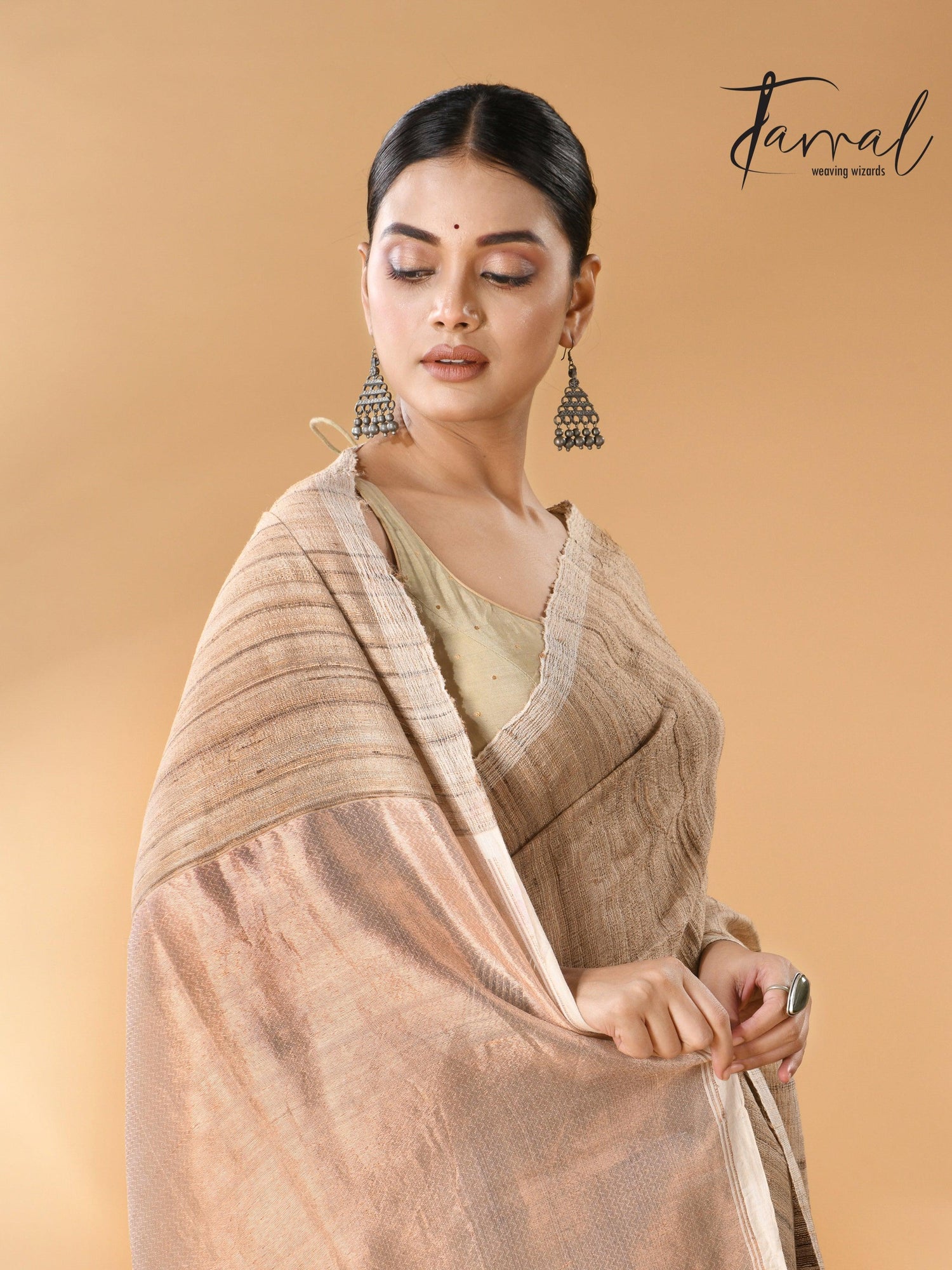 Jute Brown Tussar Ghicha Silk Saree with a beautiful golden pallu left