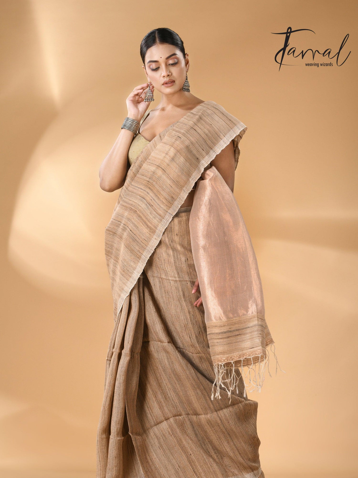 Jute Brown Tussar Ghicha Silk Saree with a beautiful golden pallu left2