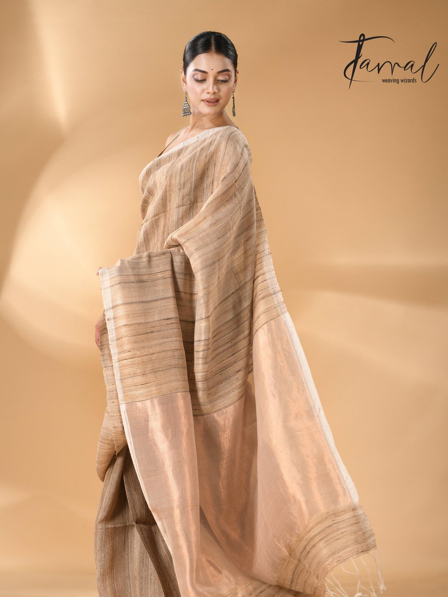 Jute Brown Tussar Ghicha Silk Saree with a beautiful golden pallu right