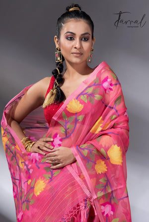 Kasmiri pink allover floral handwoven muslin silk jamdani saree cls