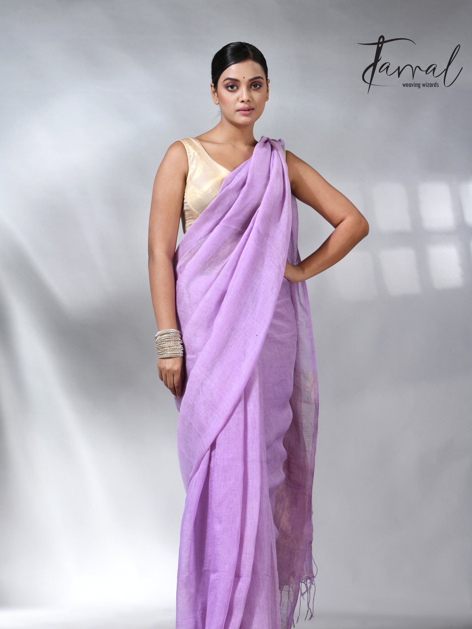 Lavemder with golden zari stripe pallu linen handloom saree