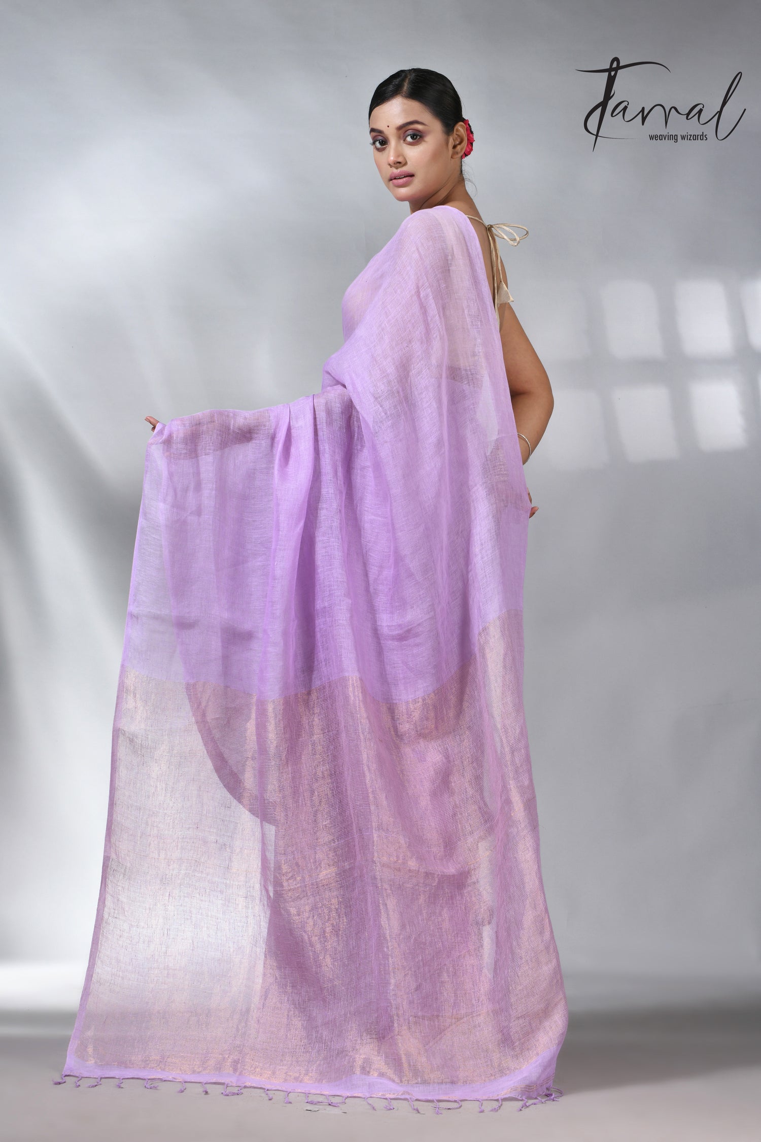 Lavemder with golden zari stripe pallu linen handloom saree