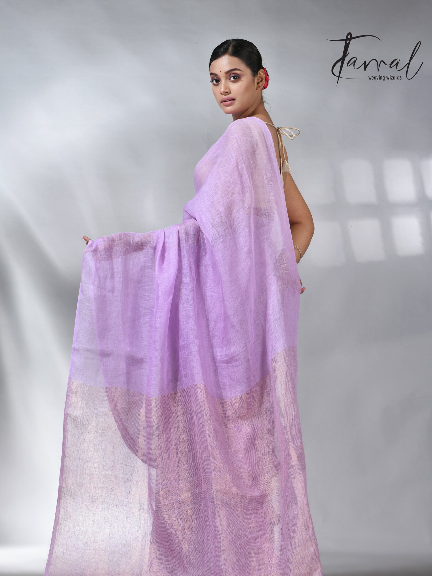 Lavemder with golden zari stripe pallu linen handloom saree