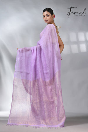 Lavemder with golden zari stripe pallu linen handloom saree