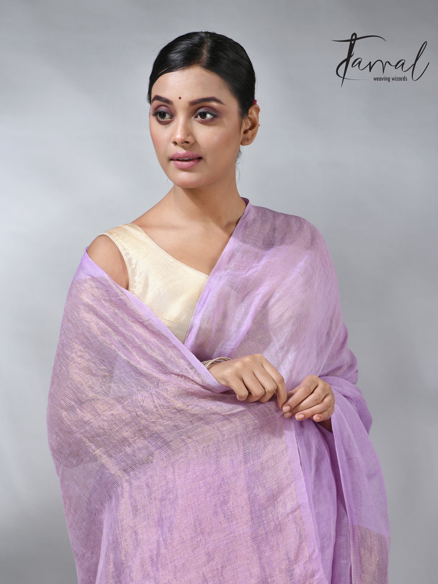 Lavemder with golden zari stripe pallu linen handloom saree