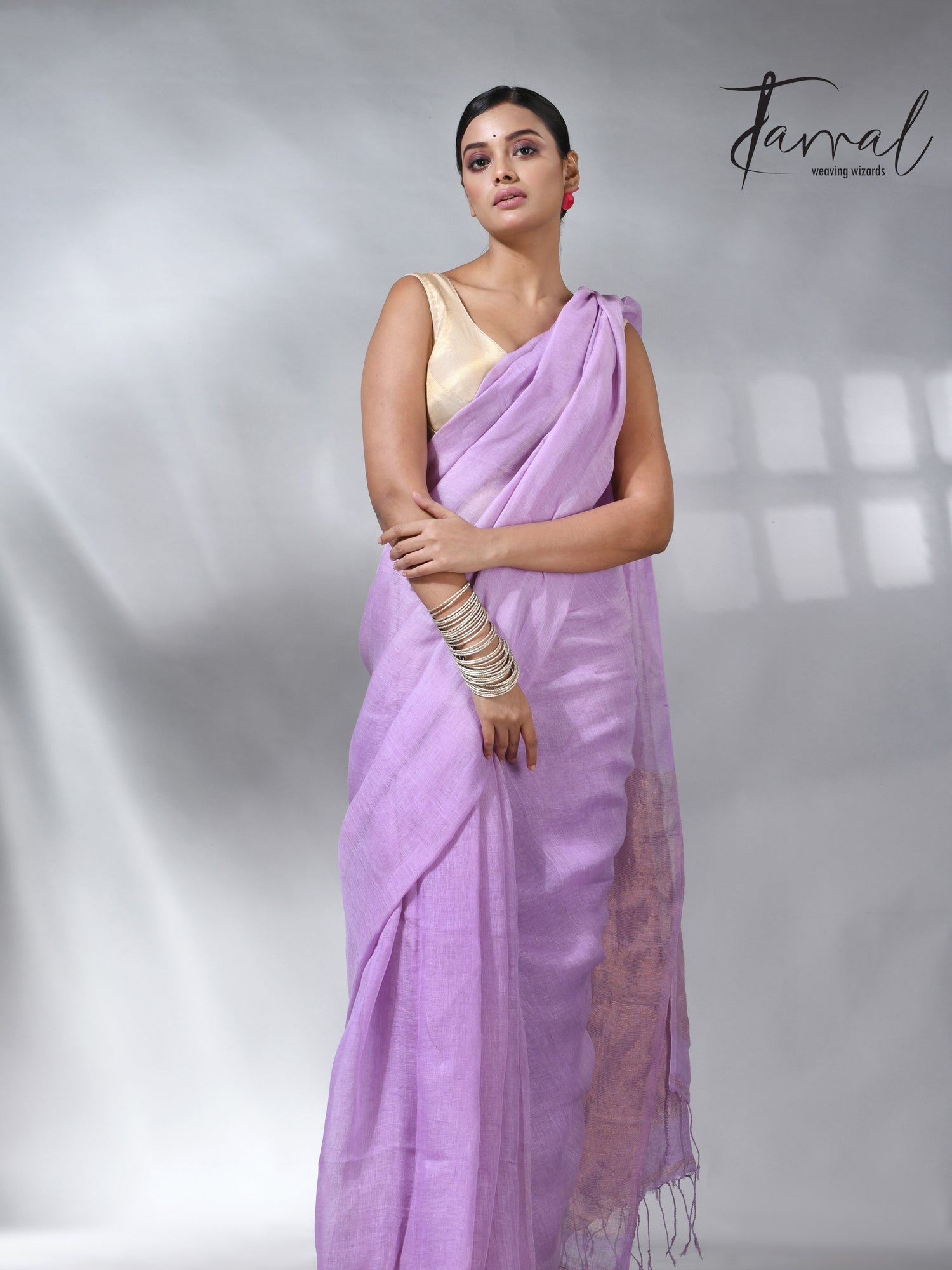 Lavemder with golden zari stripe pallu linen handloom saree