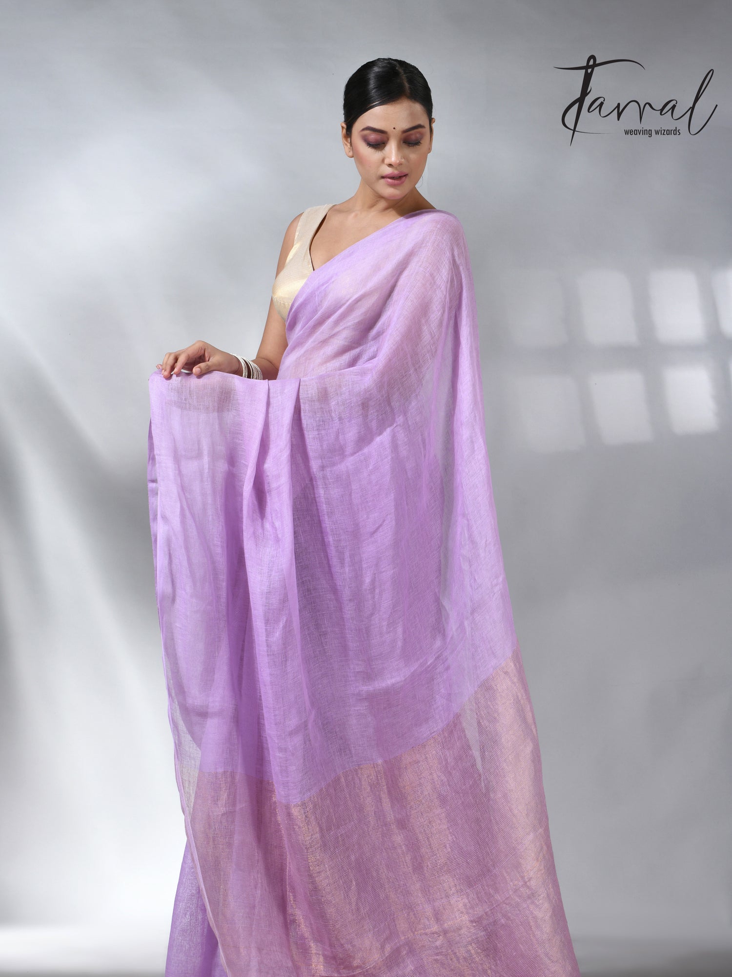 Lavemder with golden zari stripe pallu linen handloom saree