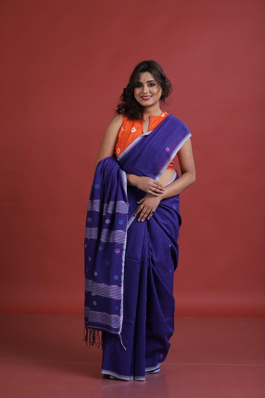 Lavender With White Border cotton handwoven jamdani saree - Tamal Boutique