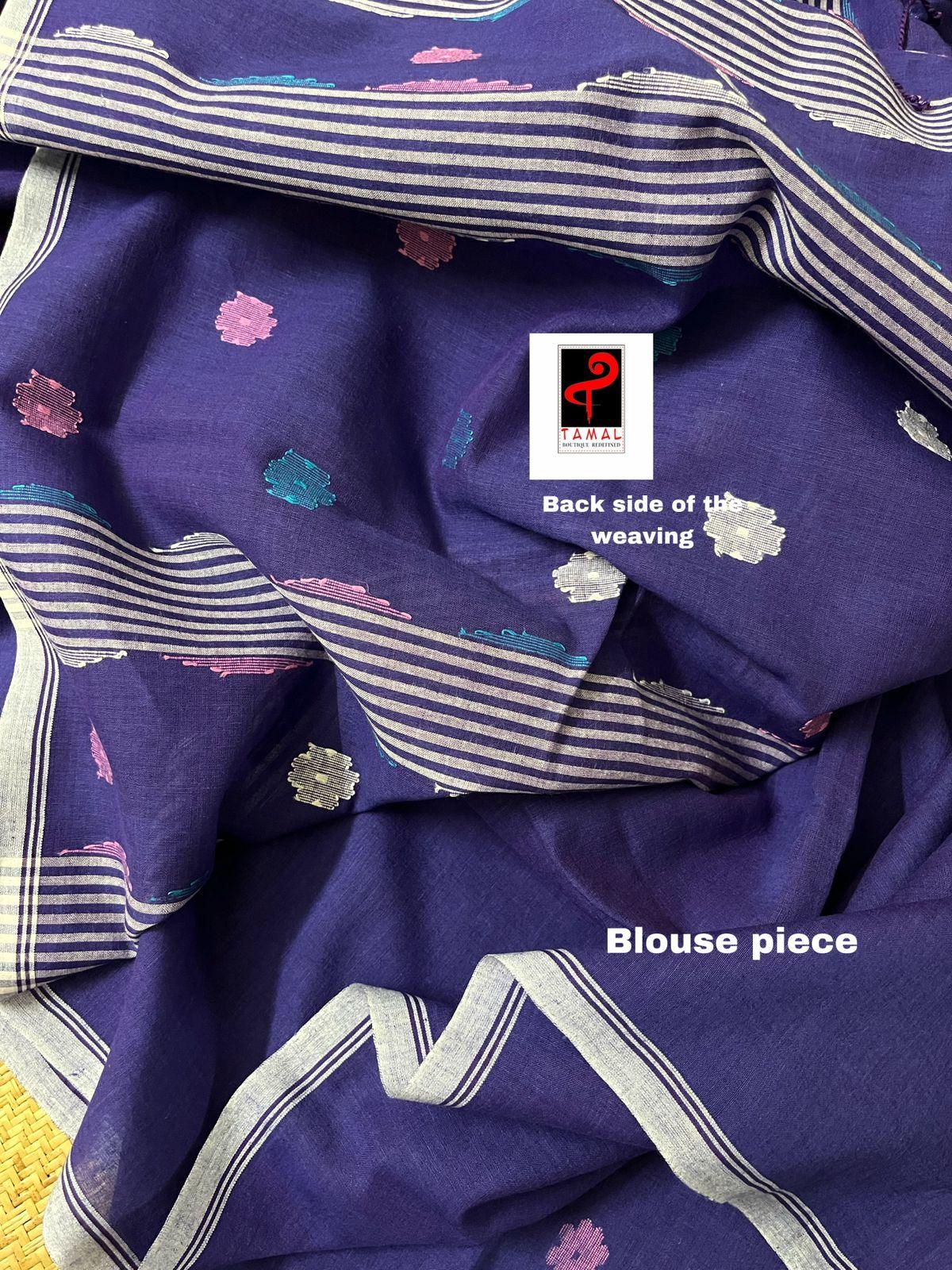 Lavender With White Border cotton handwoven jamdani saree - Tamal Boutique