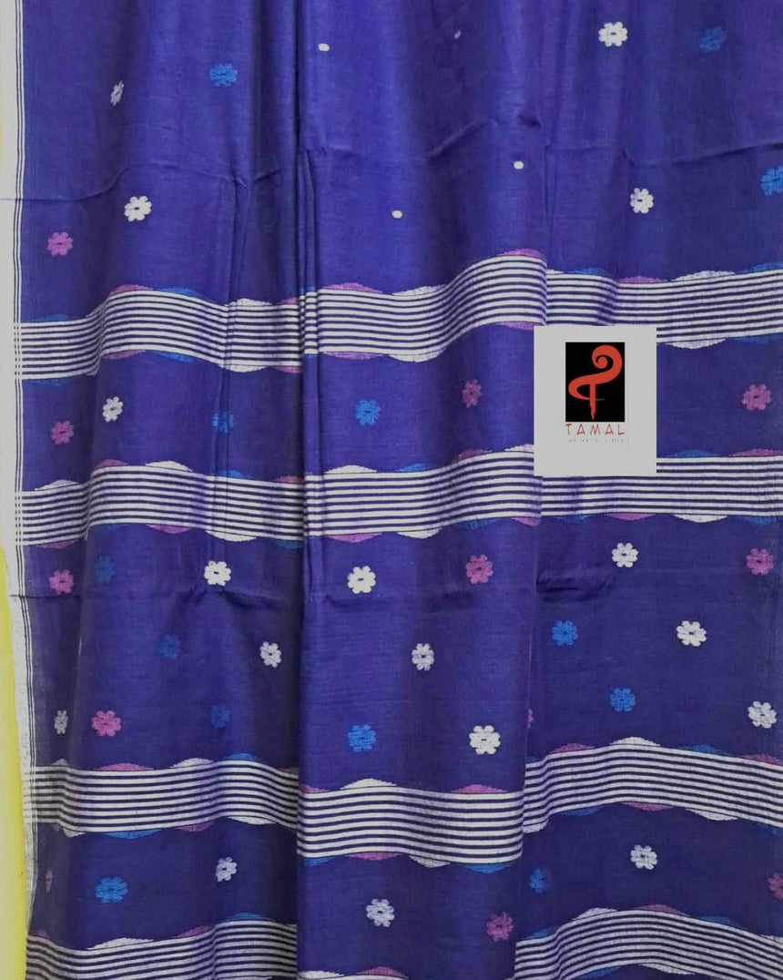 Lavender With White Border cotton handwoven jamdani saree - Tamal Boutique