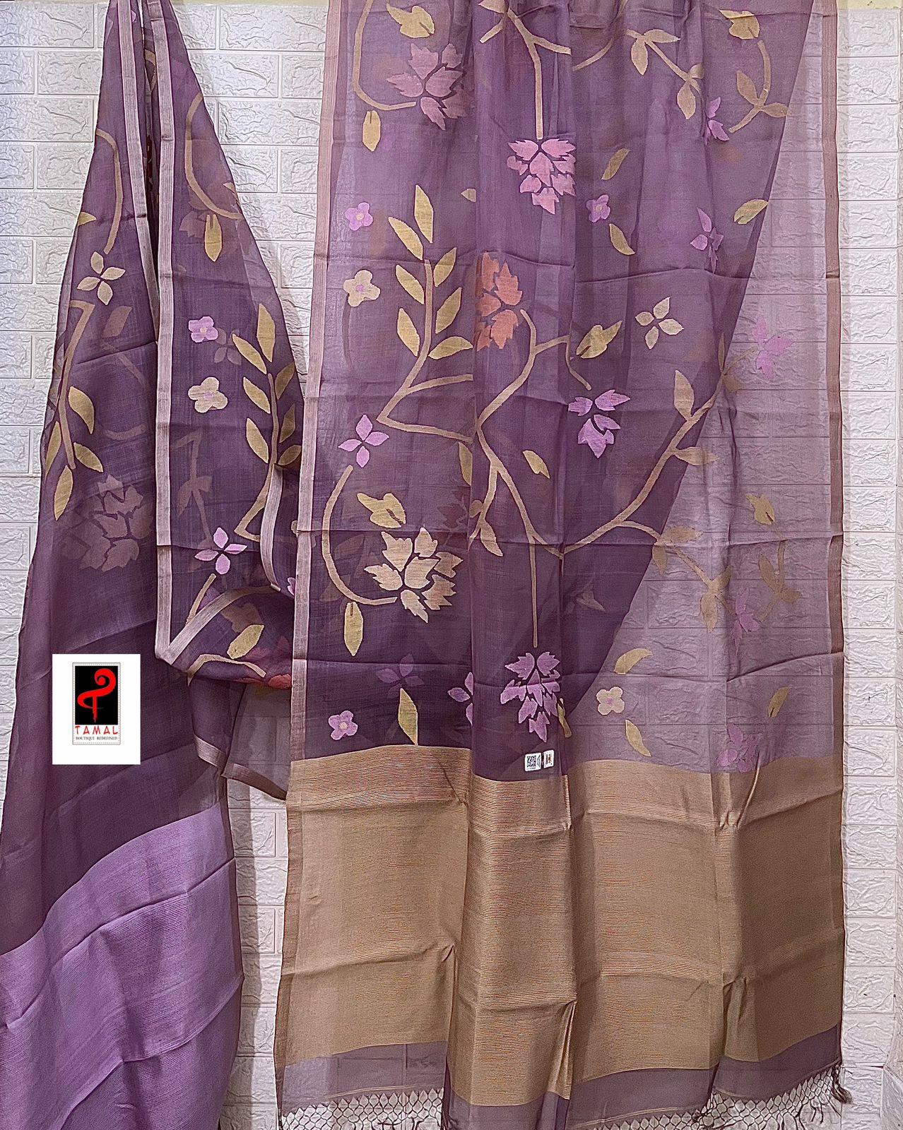 Lavender with multi colour allover floral muslin silk handwoven jamdani saree - Tamal Boutique