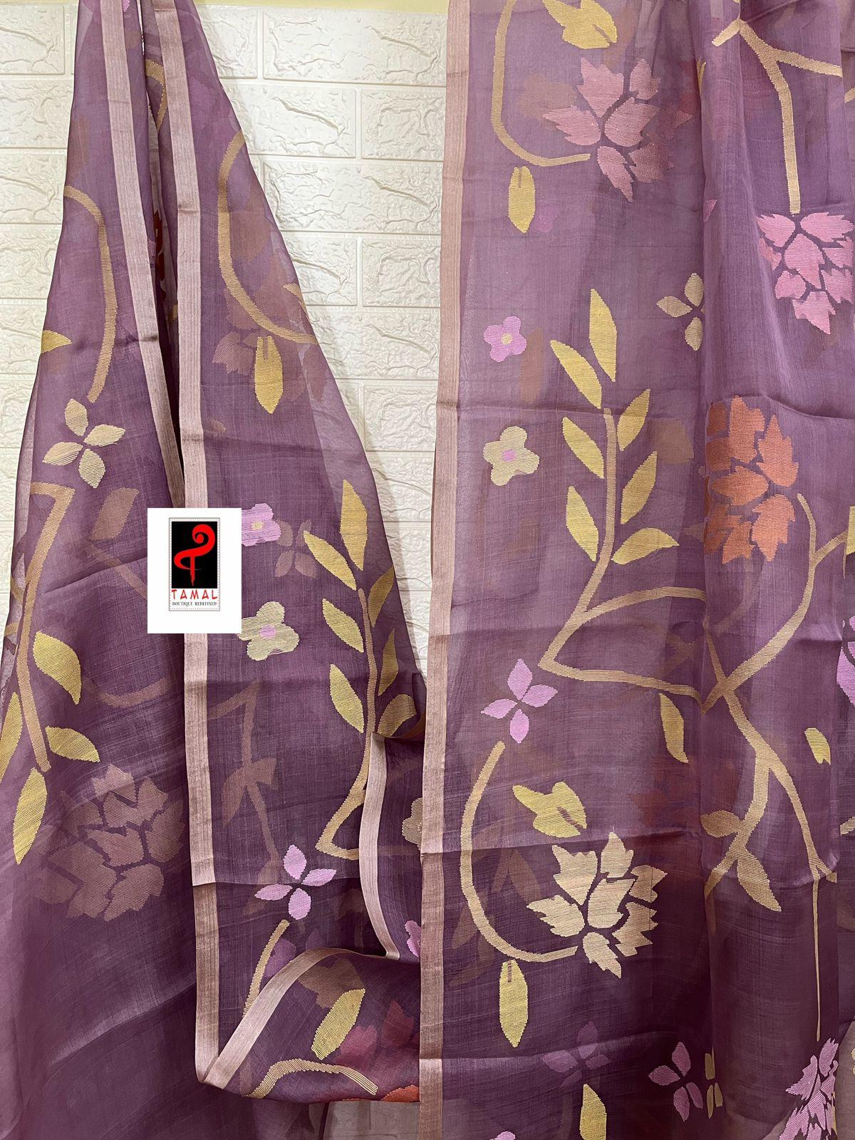 Lavender with multi colour allover floral muslin silk handwoven jamdani saree - Tamal Boutique