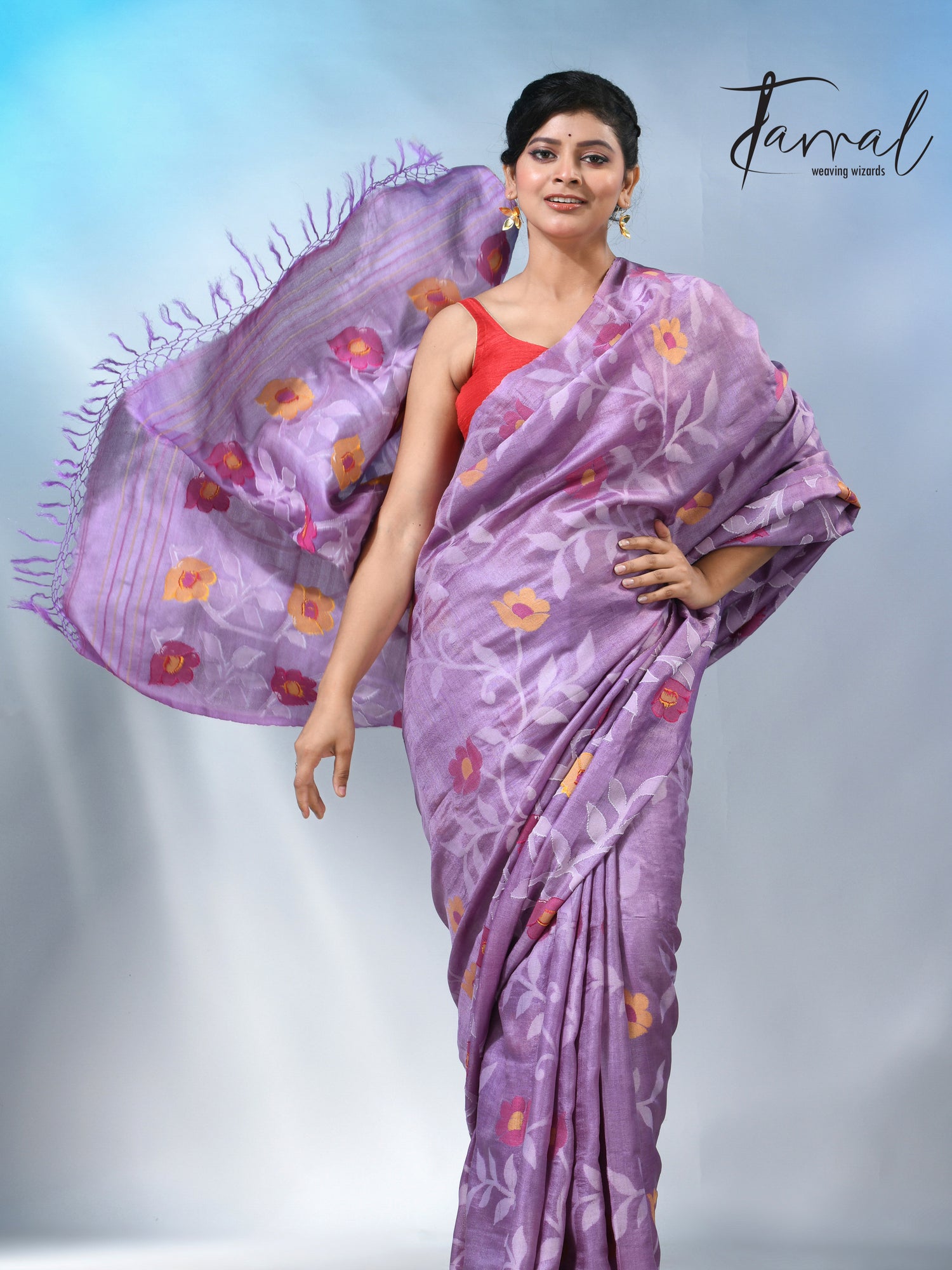 Lavender allover floral tusser silk handloom jamdani saree