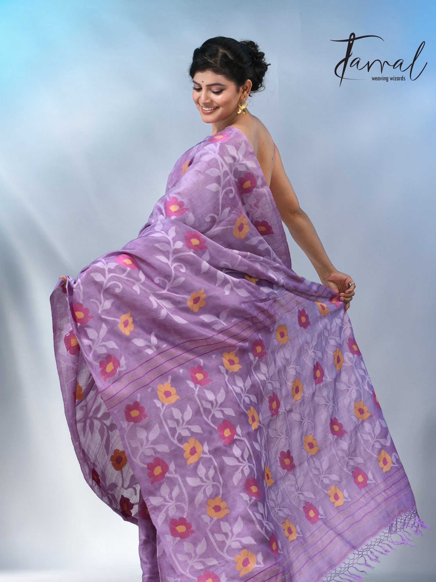 Lavender allover floral tusser silk handloom jamdani saree