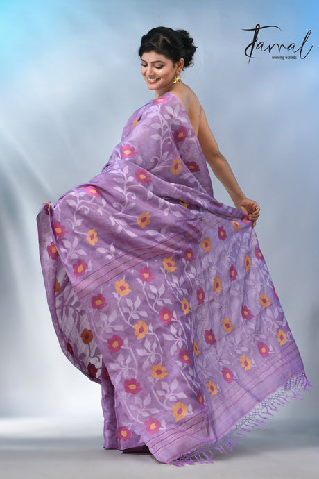 Lavender allover floral tusser silk handloom jamdani saree