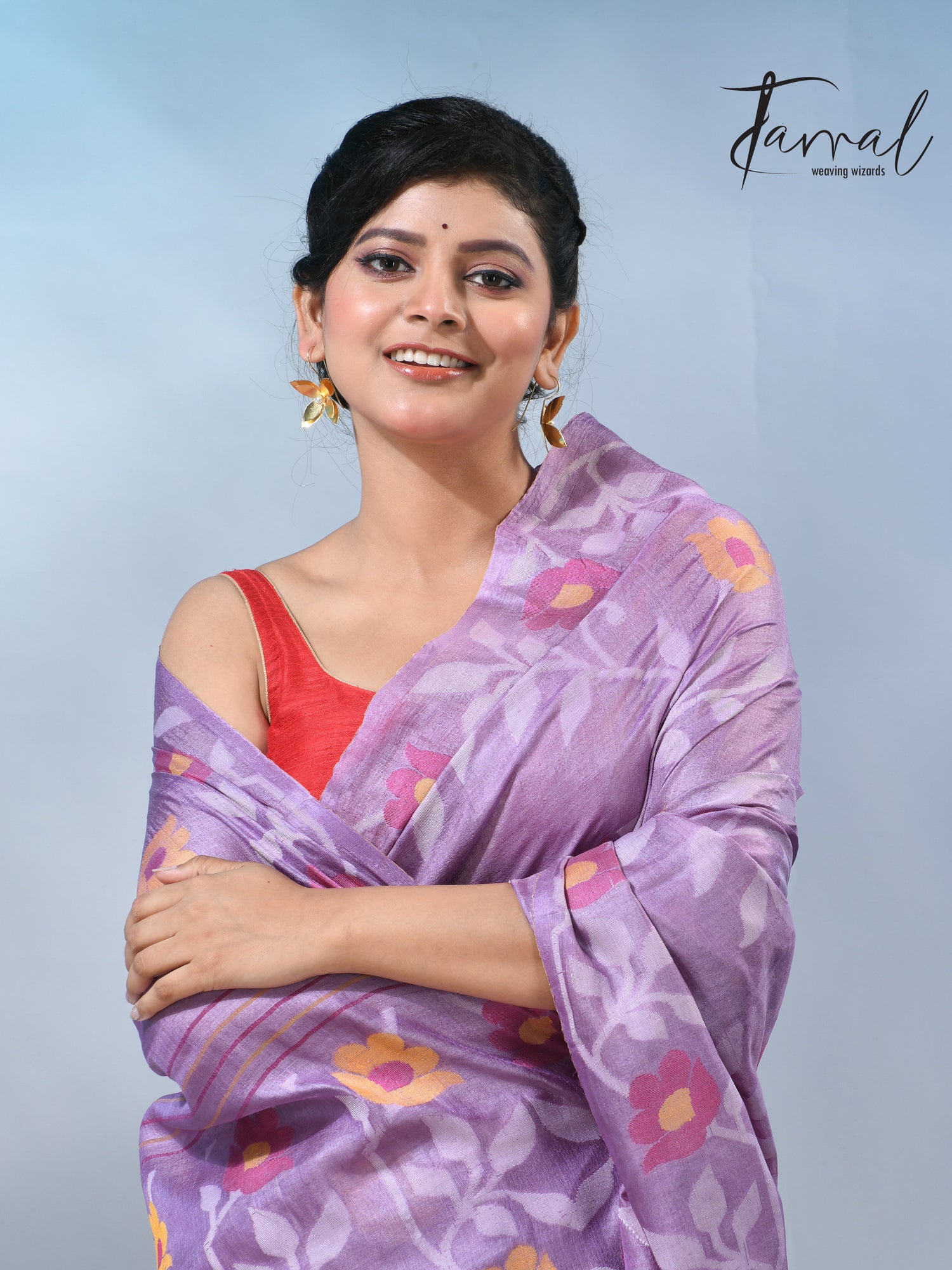 Lavender allover floral tusser silk handloom jamdani saree