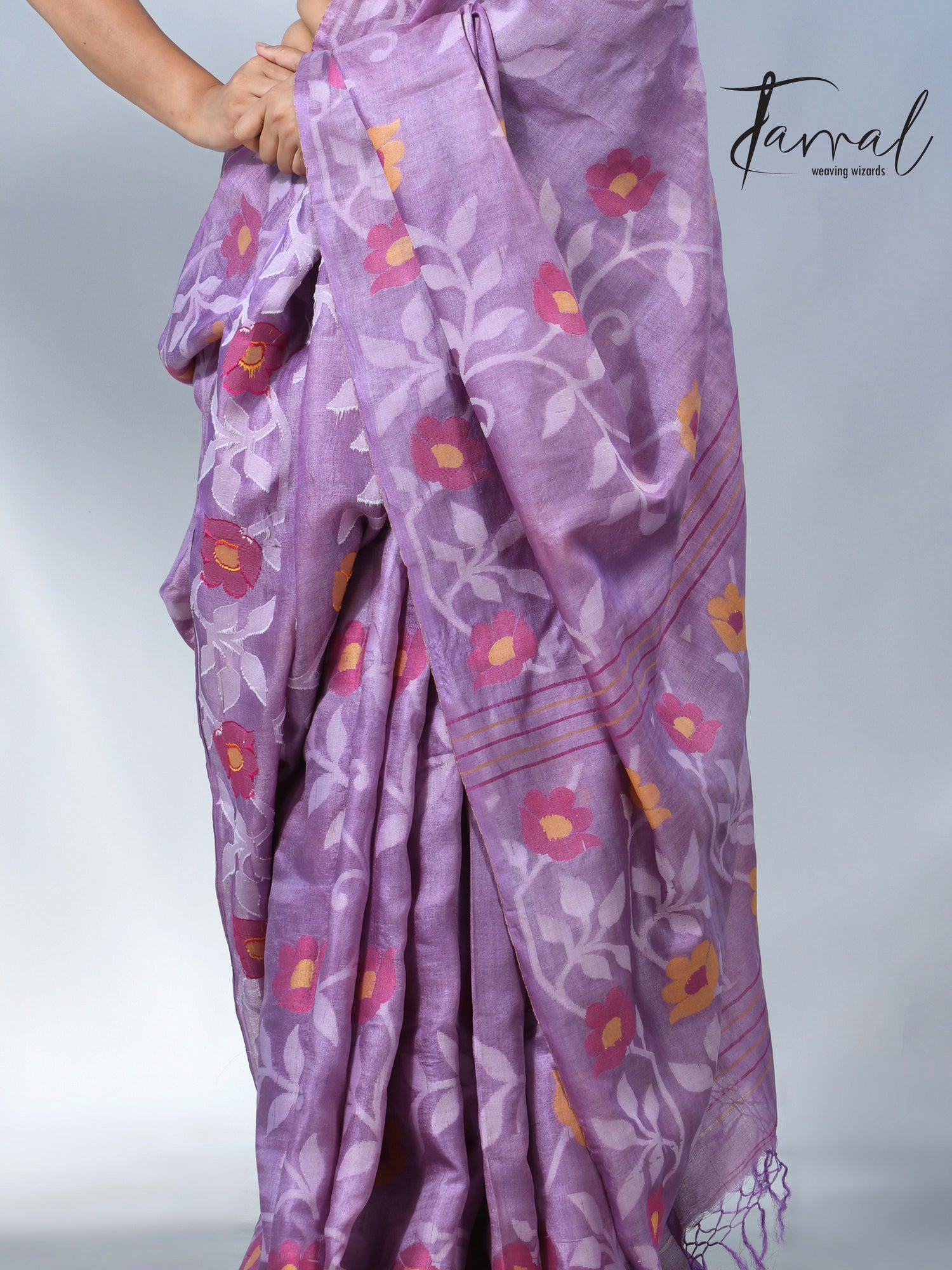 Lavender allover floral tusser silk handloom jamdani saree