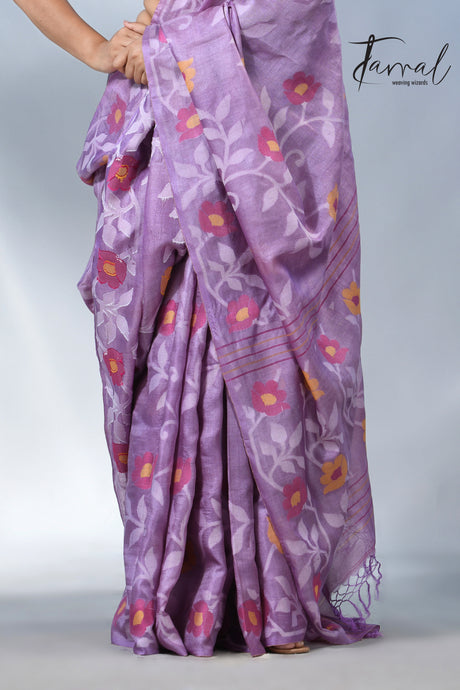 Lavender allover floral tusser silk handloom jamdani saree