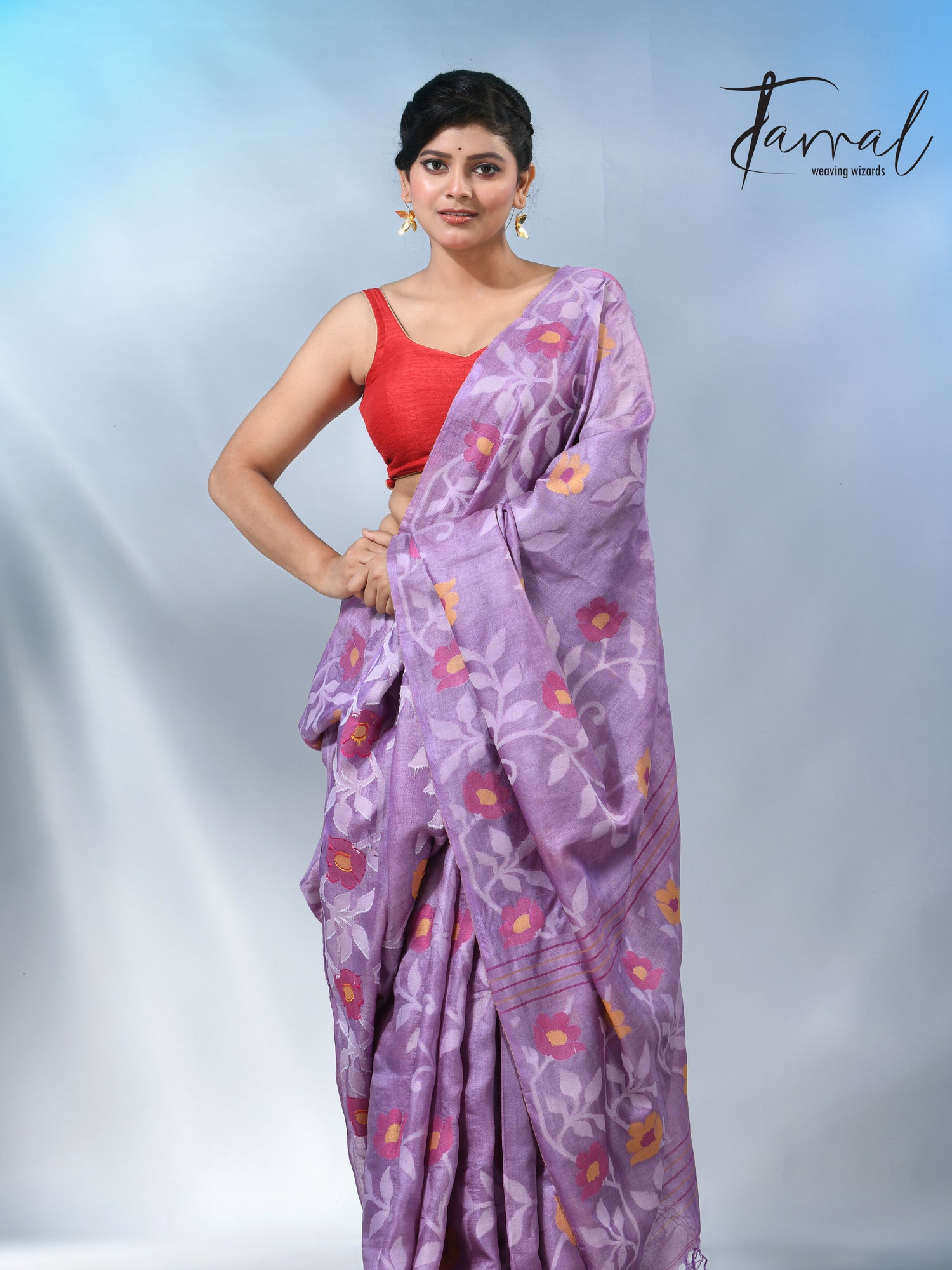 Lavender allover floral tusser silk handloom jamdani saree