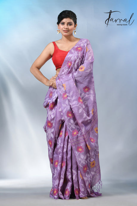 Lavender allover floral tusser silk handloom jamdani saree
