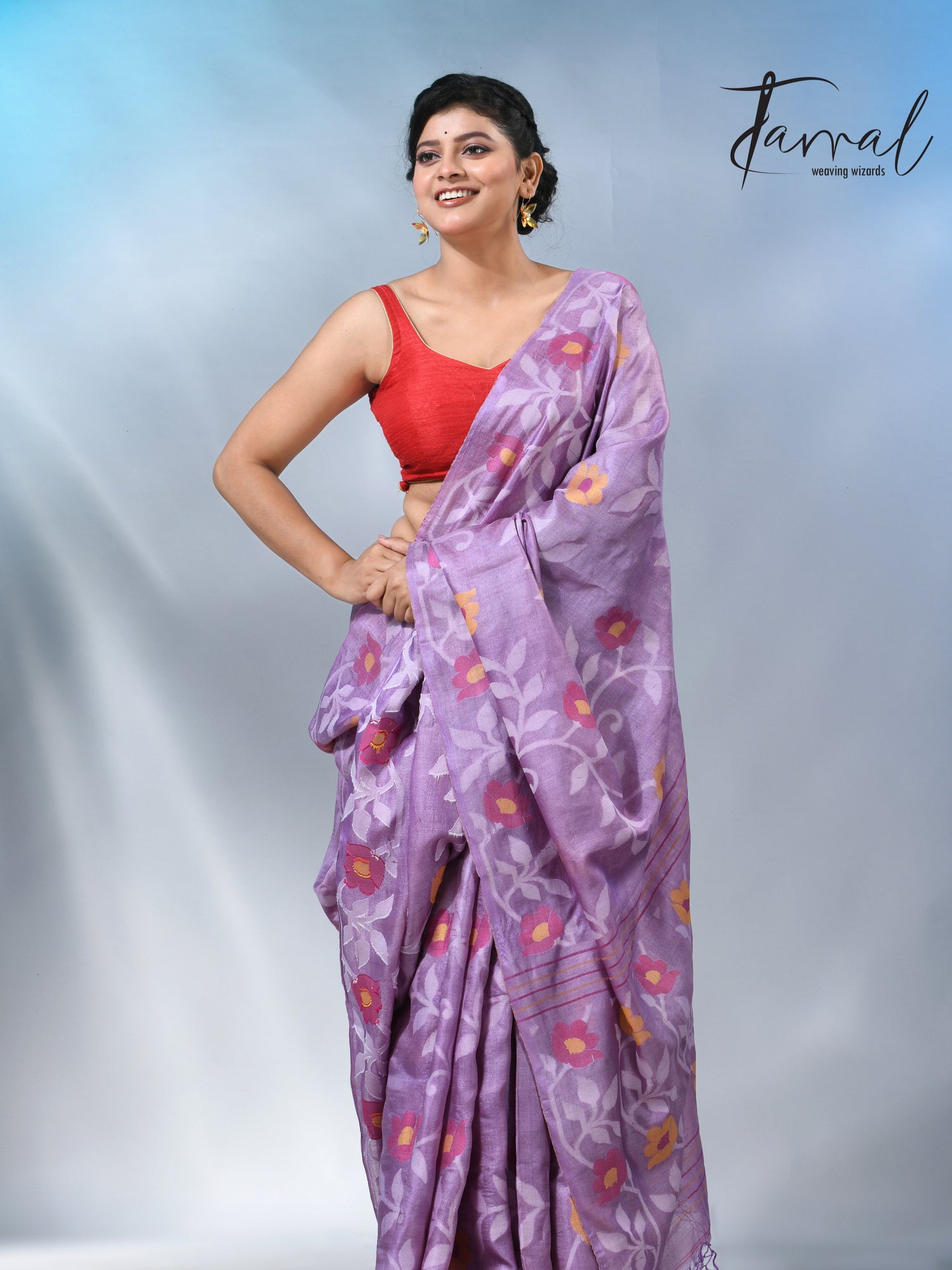 Lavender allover floral tusser silk handloom jamdani saree