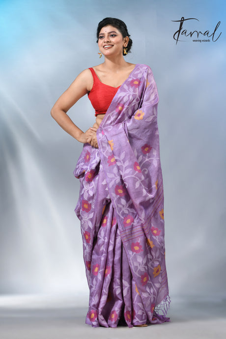 Lavender allover floral tusser silk handloom jamdani saree