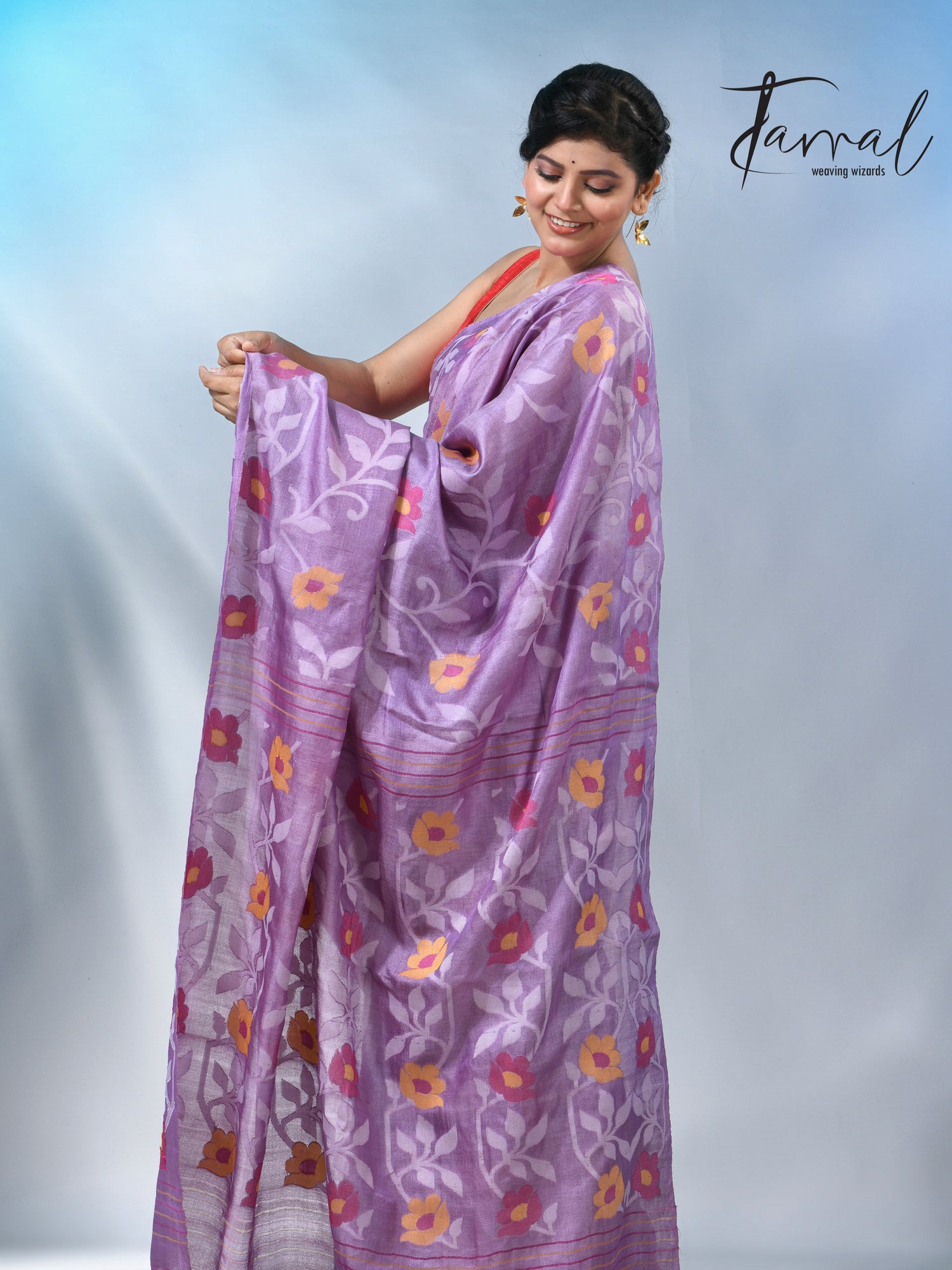 Lavender allover floral tusser silk handloom jamdani saree