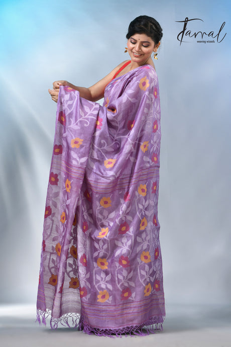 Lavender allover floral tusser silk handloom jamdani saree