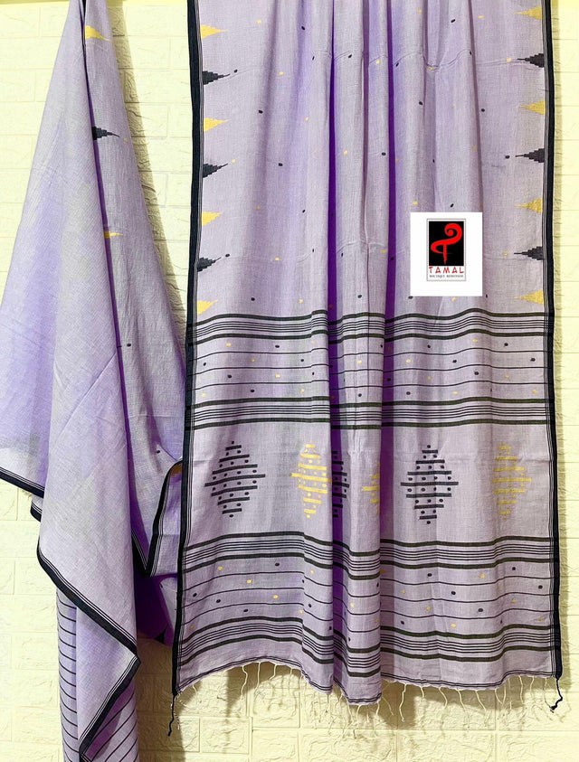 Lavender with black border cotton temple handwoven jamdani saree - Tamal Boutique