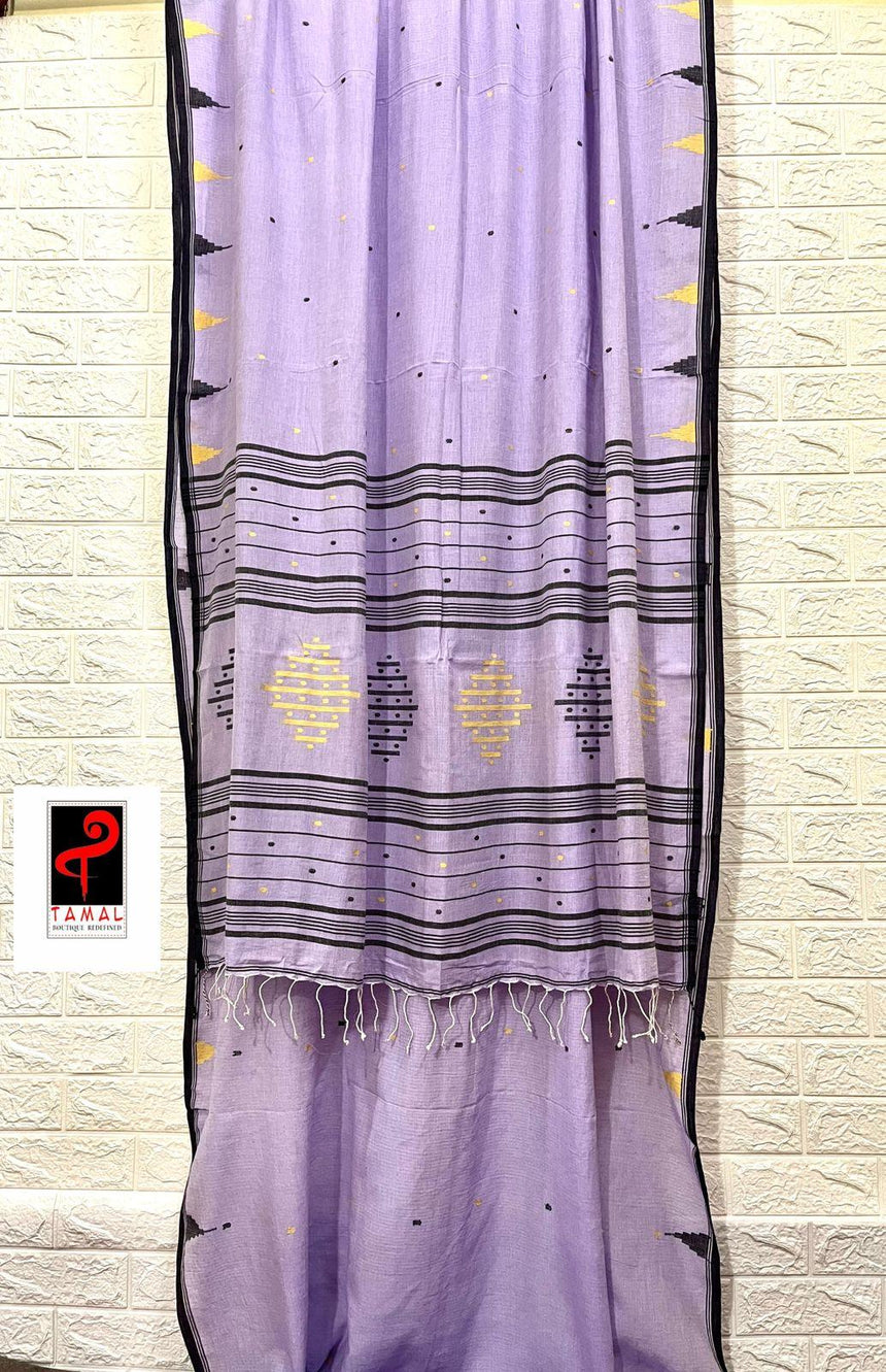 Lavender with black border cotton temple handwoven jamdani saree - Tamal Boutique