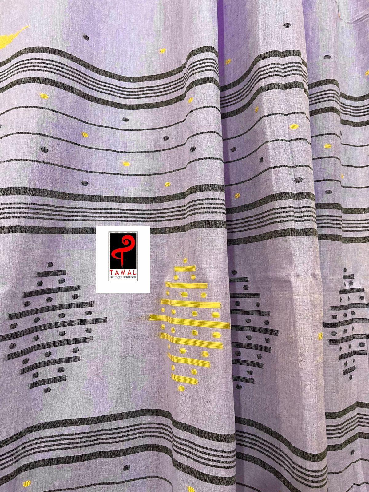 Lavender with black temple pure cotton handwoven jamdani saree