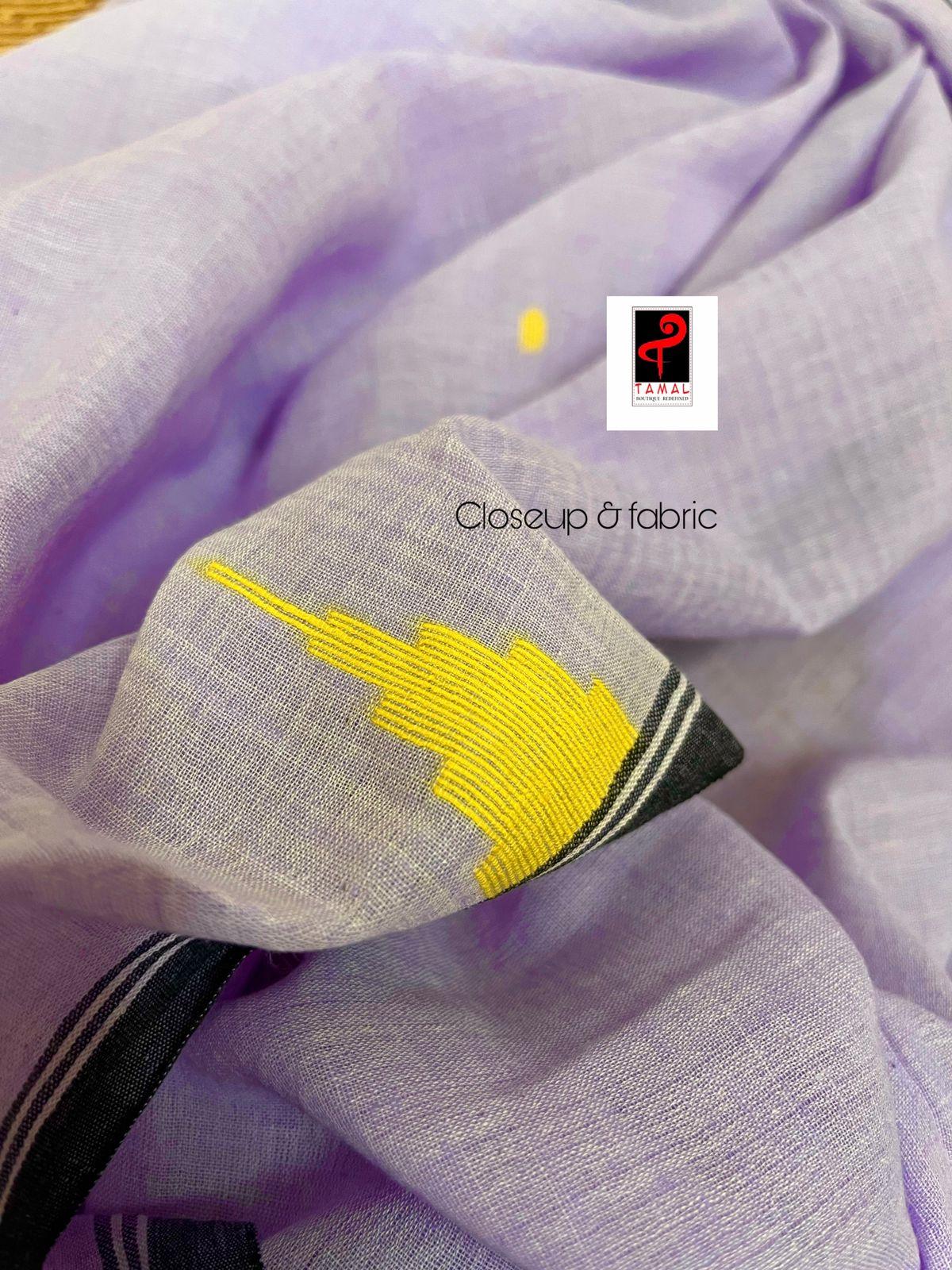 Lavender with black temple pure cotton handwoven jamdani saree