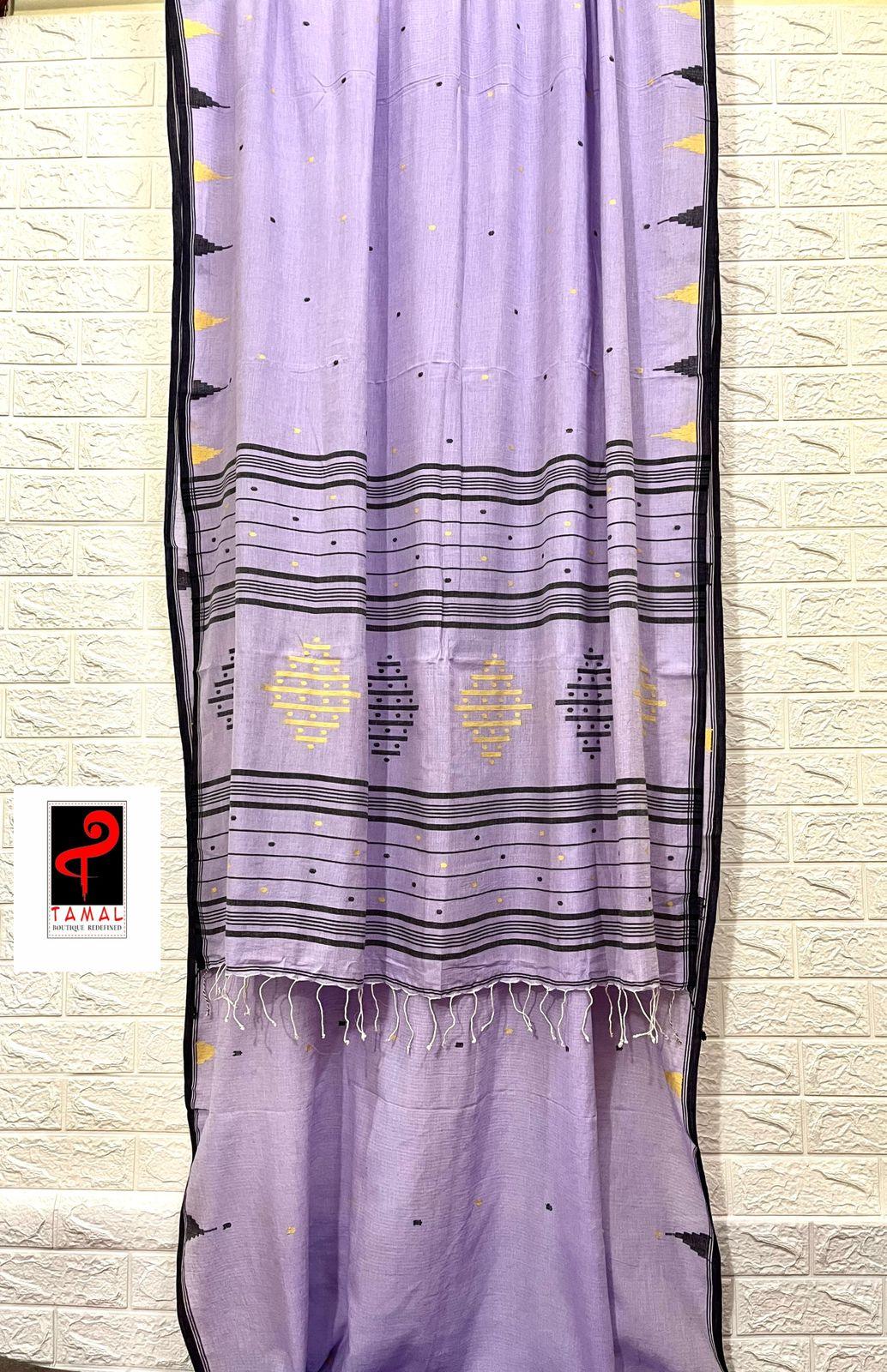 Lavender with black temple pure cotton handwoven jamdani saree