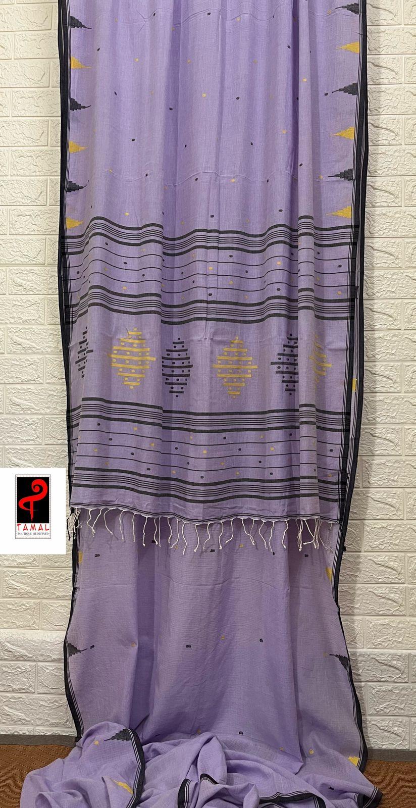 Lavender with black temple pure cotton handwoven jamdani saree
