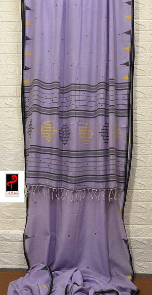 Lavender with black temple pure cotton handwoven jamdani saree