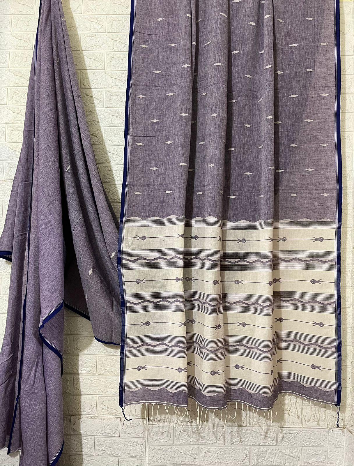 Lavender with blue fish motifs cotton handwoven jamdani saree