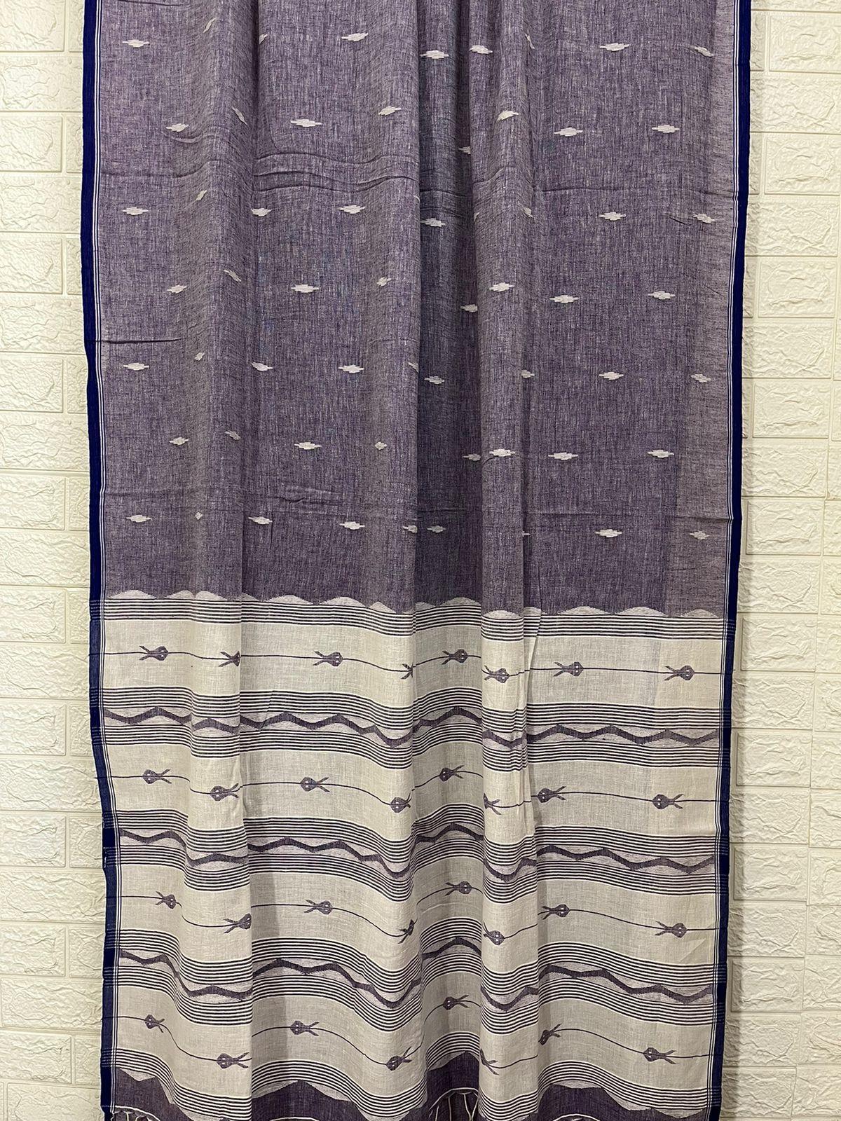 Lavender with blue fish motifs cotton handwoven jamdani saree