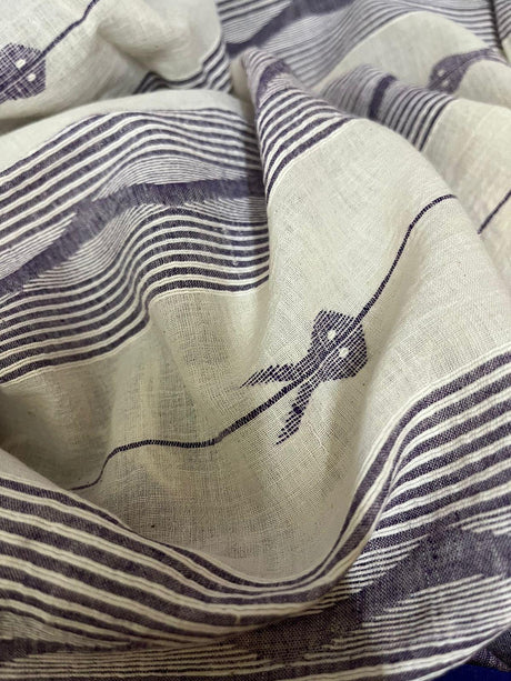 Lavender with blue fish motifs cotton handwoven jamdani saree