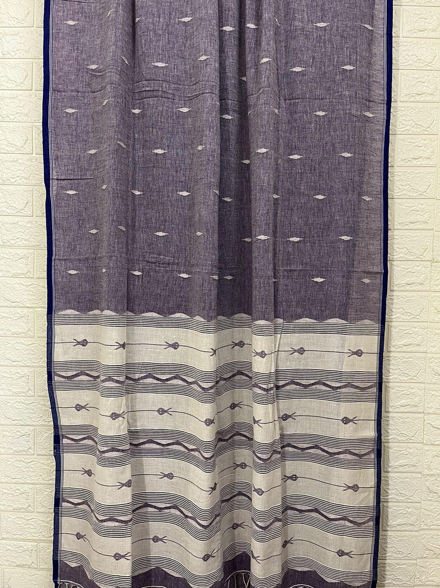 Lavender with blue border fish motifs cotton handwoven jamdani saree - Tamal Boutique