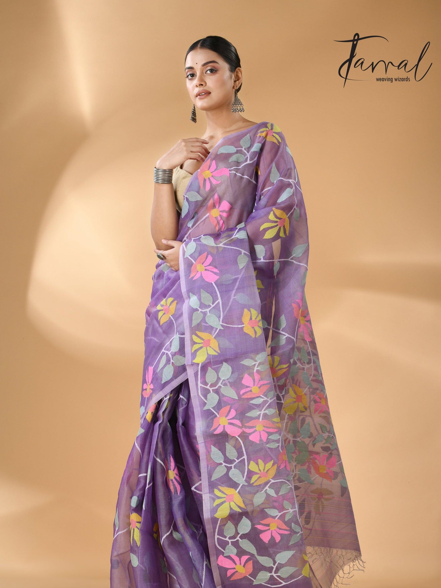 Lavender with multicolour muslin silk allover floral handwoven needle work  jamdani saree - Tamal Boutique