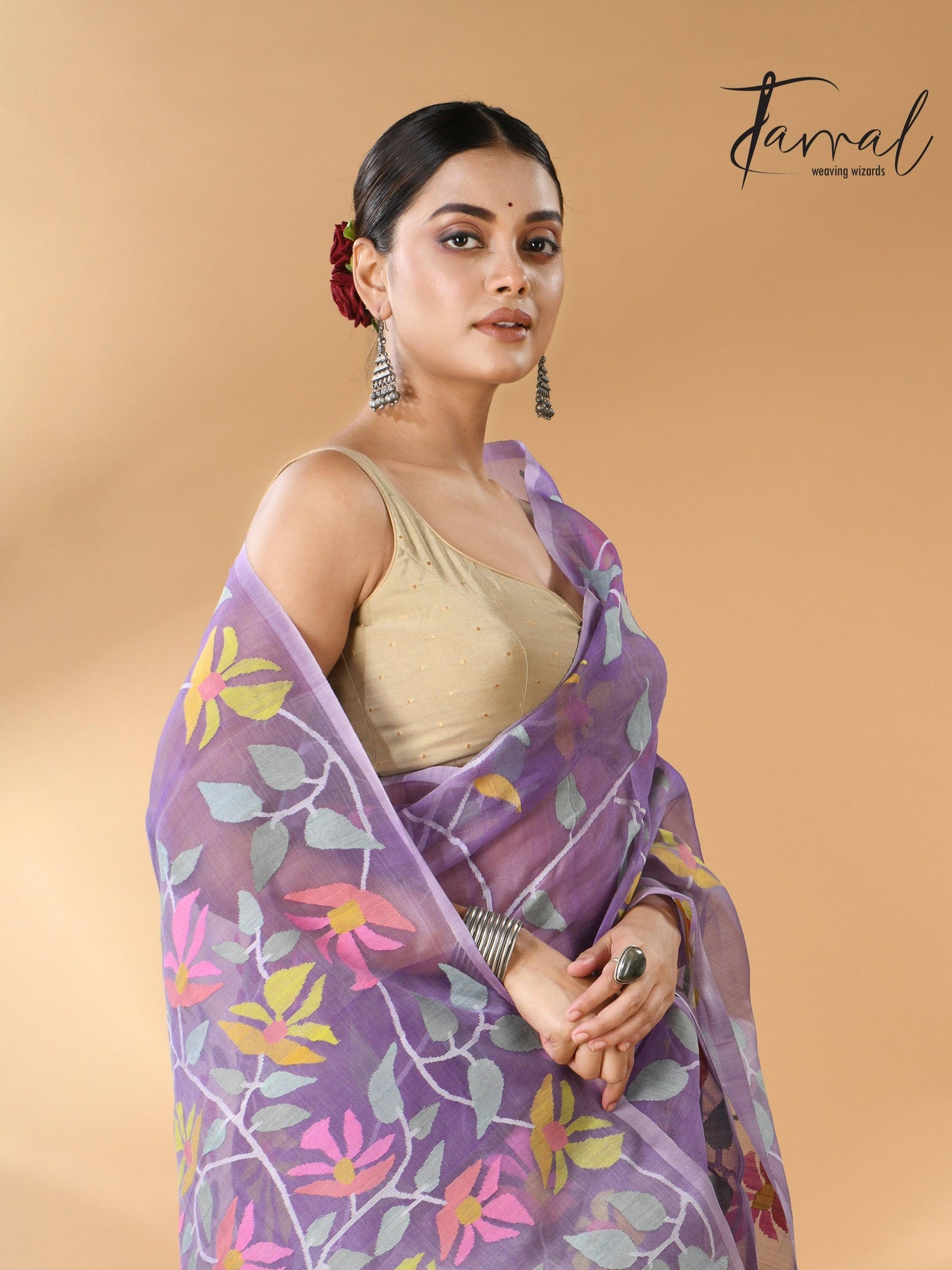 Lavender with multicolour muslin silk allover floral handwoven needle work  jamdani saree - Tamal Boutique