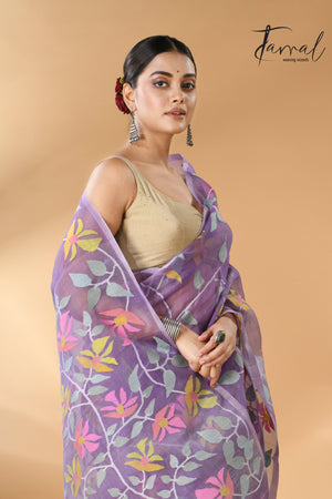 Lavender with multicolour muslin silk allover floral handwoven needle work  jamdani saree - Tamal Boutique